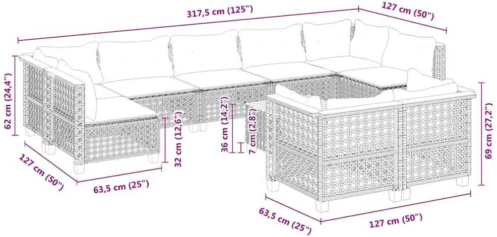 Sofos komplektas su pagalvėlėmis, 10 dalių, smėlio, poliratanas