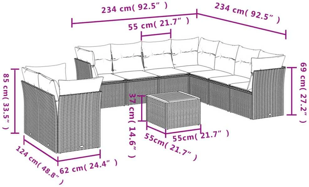 Sofa Sofos komplektas su pagalvėlėmis, 10 dalių, smėlio, poliratanas