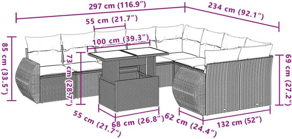 Lauko baldų komplektas Sofos komplektas su pagalvėlėmis, 10 dalių, smėlio, poliratanas