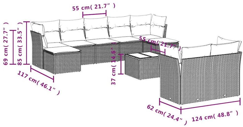Sofa Sofos komplektas su pagalvėlėmis, 10 dalių, smėlio, poliratanas
