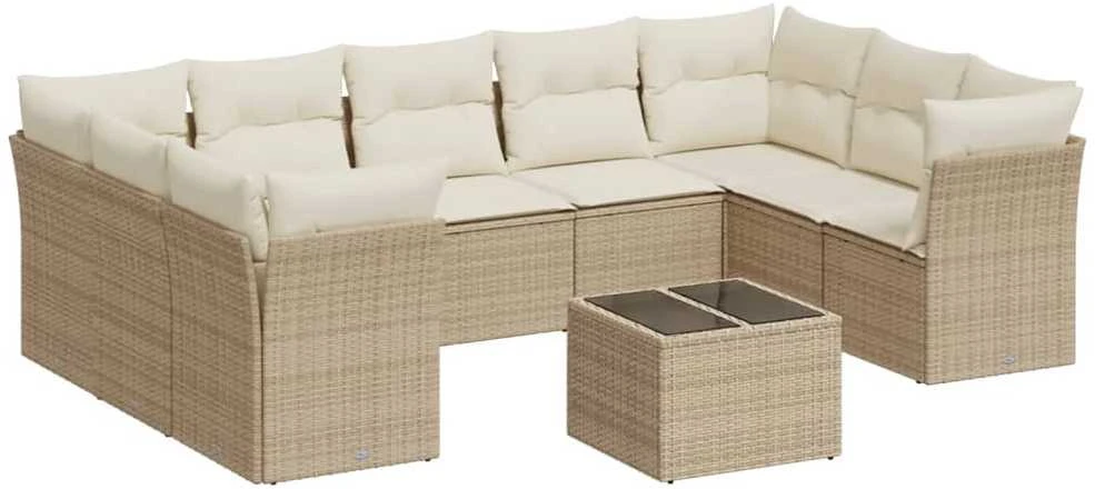 Sofa Sofos komplektas su pagalvėlėmis, 10 dalių, smėlio, poliratanas