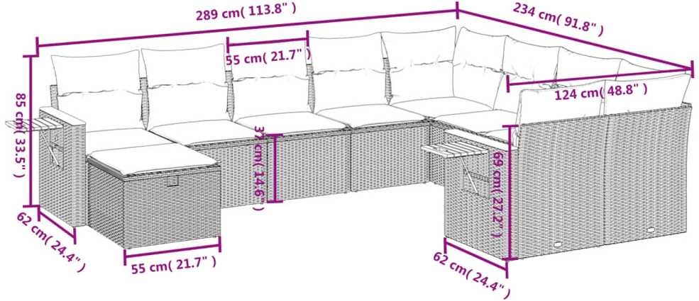 Lauko baldų komplektas Sofos komplektas su pagalvėlėmis, 10 dalių, smėlio, poliratanas