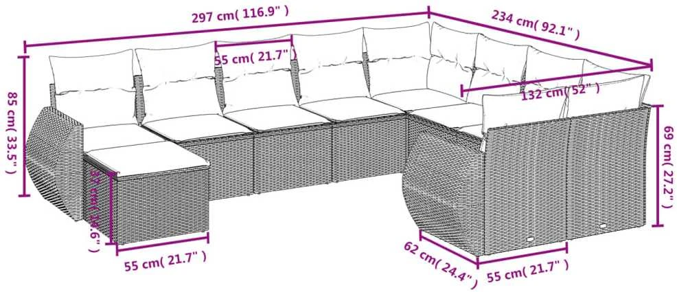 Lauko baldų komplektas Sofos komplektas su pagalvėlėmis, 10 dalių, smėlio, poliratanas