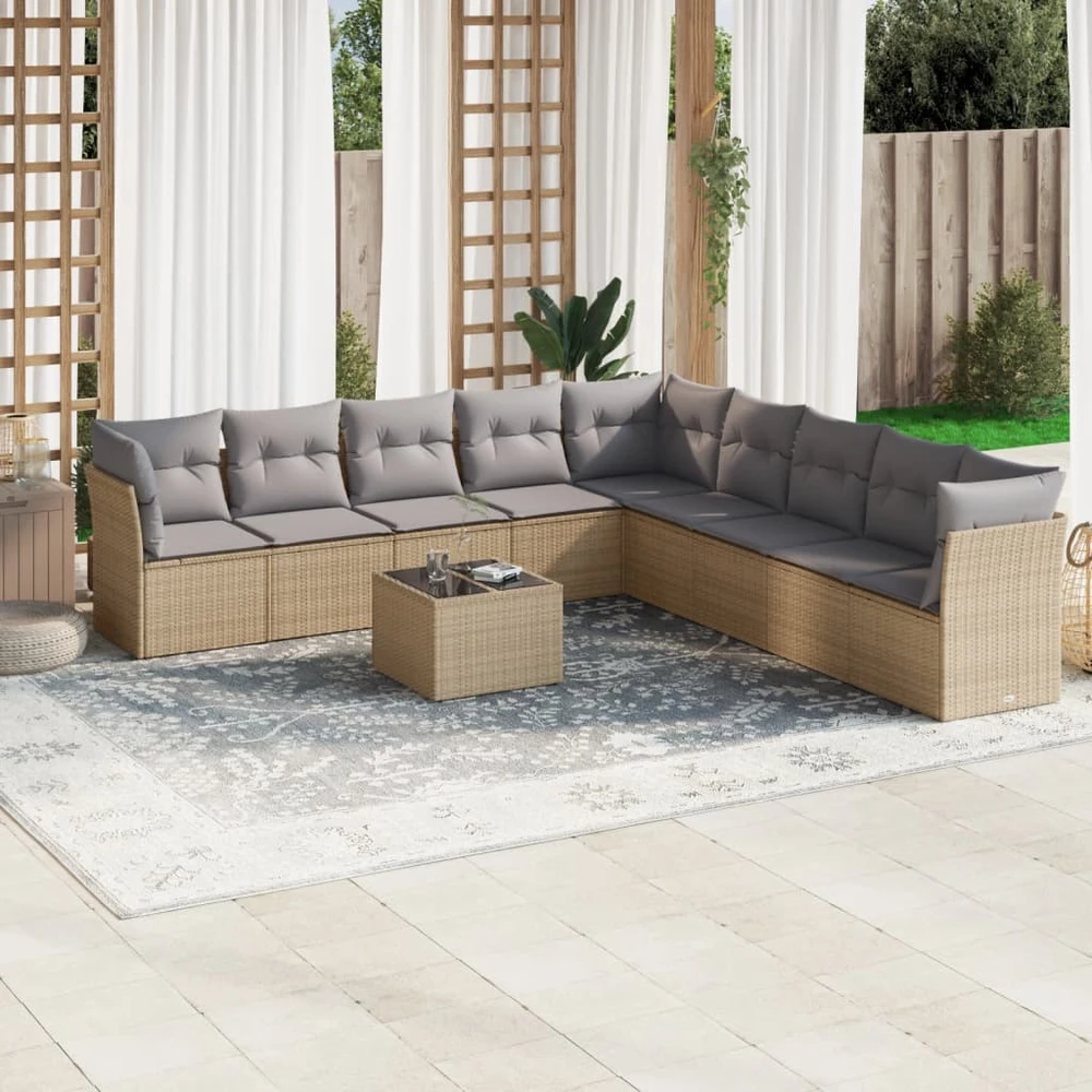 Sofa Sofos komplektas su pagalvėlėmis, 10 dalių, smėlio, poliratanas