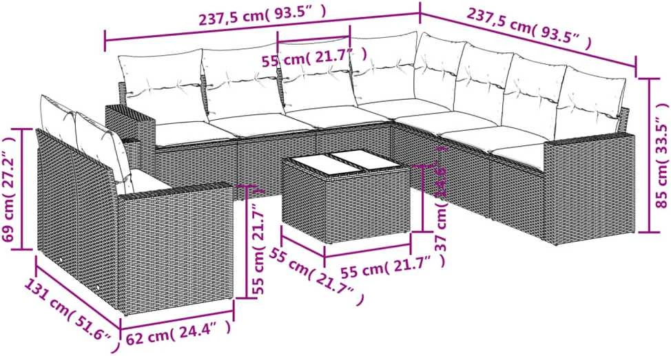 Sofos komplektas su pagalvėlėmis, 10 dalių, smėlio, poliratanas