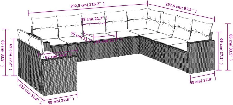 Sofa Sofos komplektas su pagalvėlėmis, 10 dalių, smėlio, poliratanas