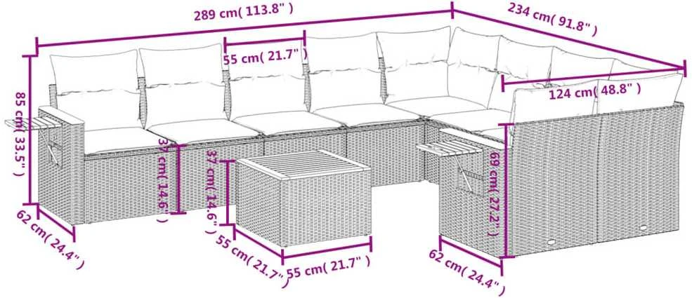 Sofa Sofos komplektas su pagalvėlėmis, 10 dalių, smėlio, poliratanas
