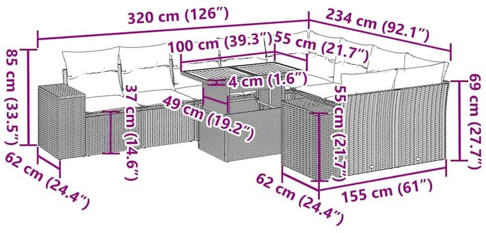 Sofa Sofos komplektas su pagalvėlėmis, 10 dalių, poliratanas/akacija