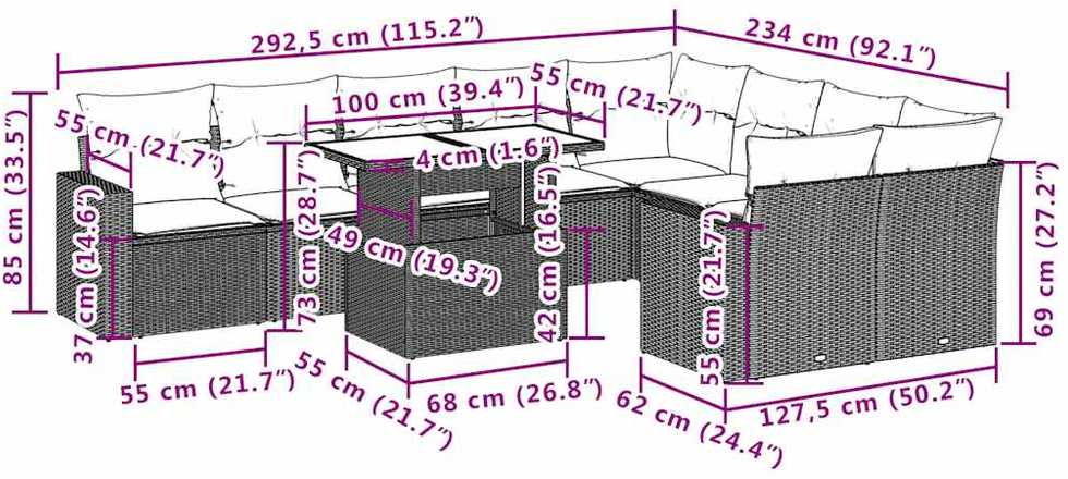 Sofa Sofos komplektas su pagalvėlėmis, 10 dalių, smėlio, poliratanas
