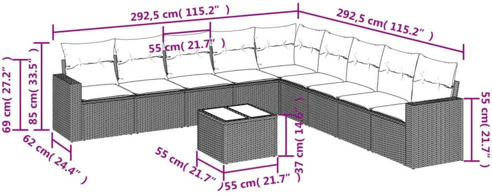 Sofa Sofos komplektas su pagalvėlėmis, 10 dalių, smėlio, poliratanas