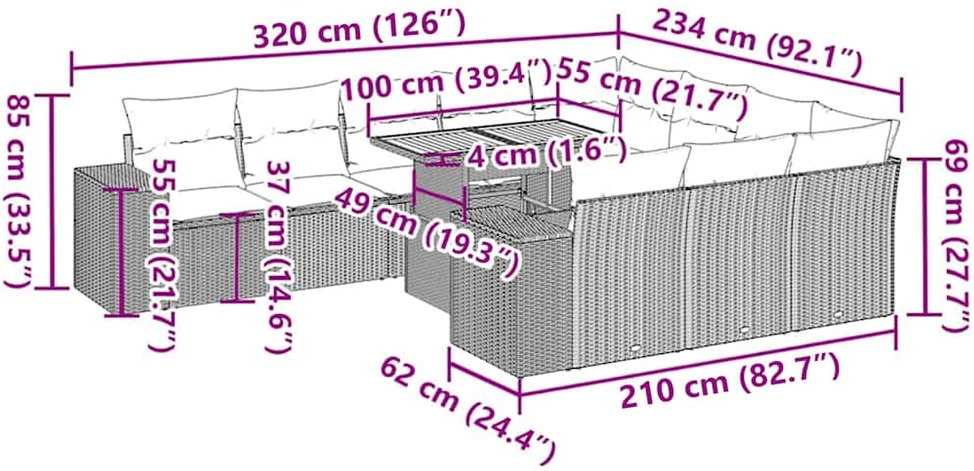 Sofa Sofos komplektas su pagalvėlėmis, 10 dalių, poliratanas/akacija