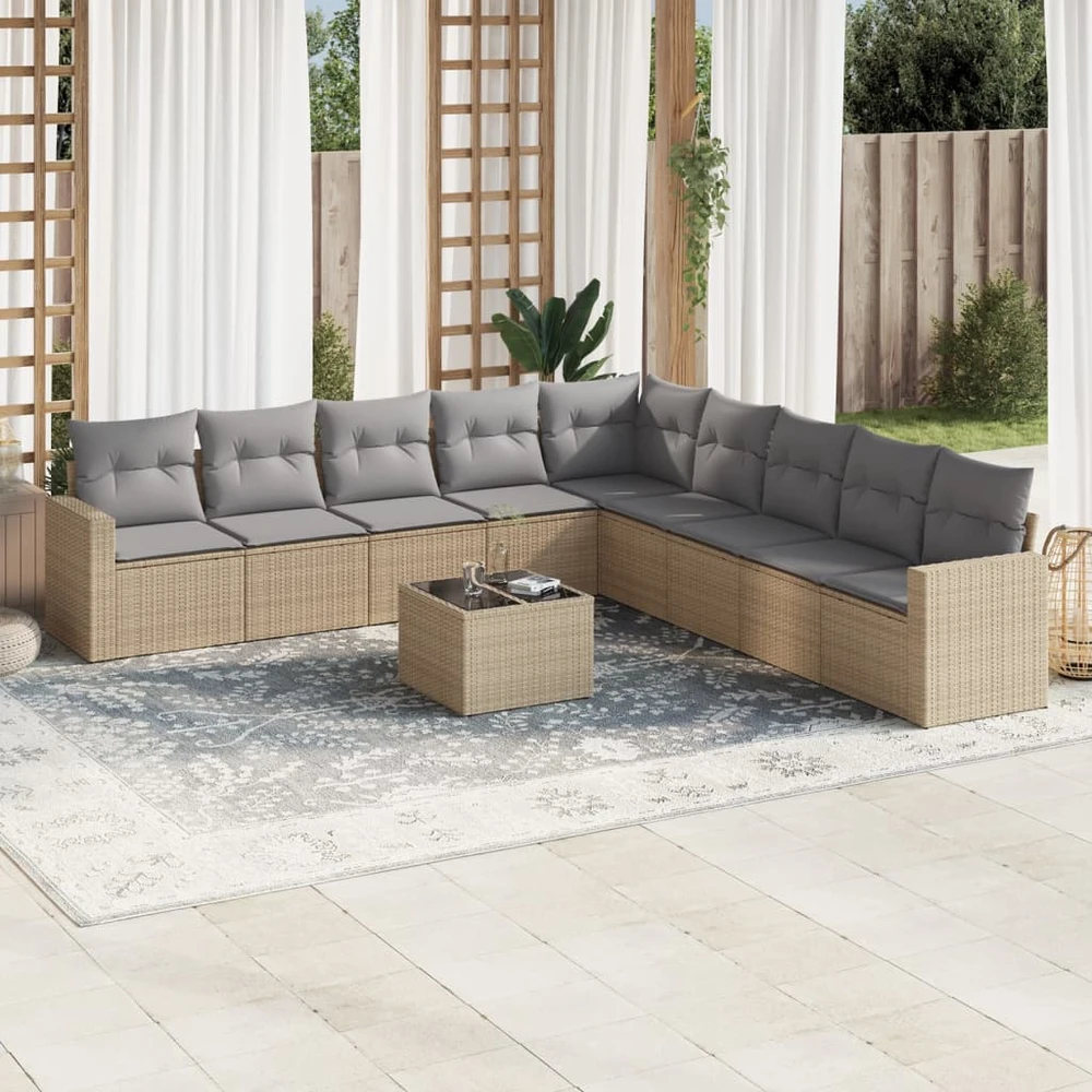 Sofa Sofos komplektas su pagalvėlėmis, 10 dalių, smėlio, poliratanas