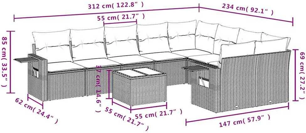 Sofa Sofos komplektas su pagalvėlėmis, 10 dalių, smėlio, poliratanas