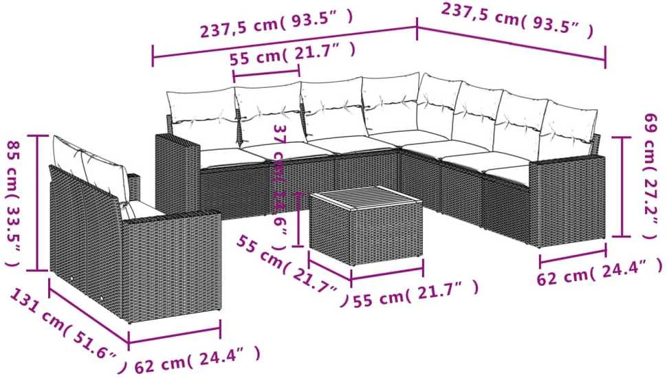Sofa Sofos komplektas su pagalvėlėmis, 10 dalių, smėlio, poliratanas
