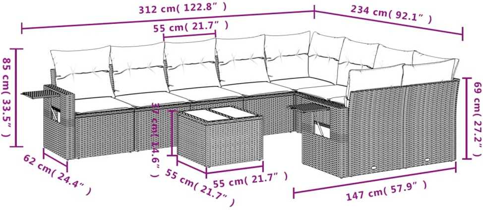 Sofa Sofos komplektas su pagalvėlėmis, 10 dalių, smėlio, poliratanas