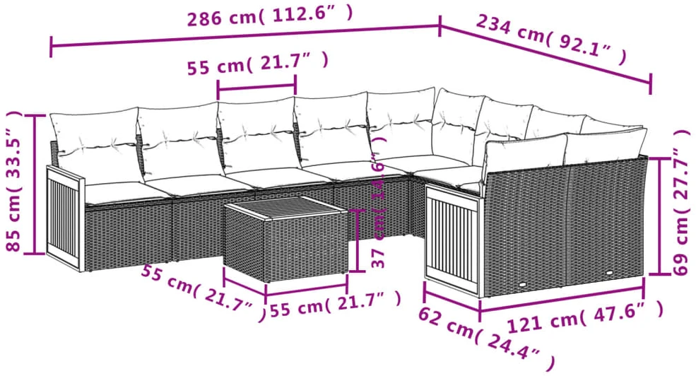 Sofa Sofos komplektas su pagalvėlėmis, 10 dalių, smėlio, poliratanas