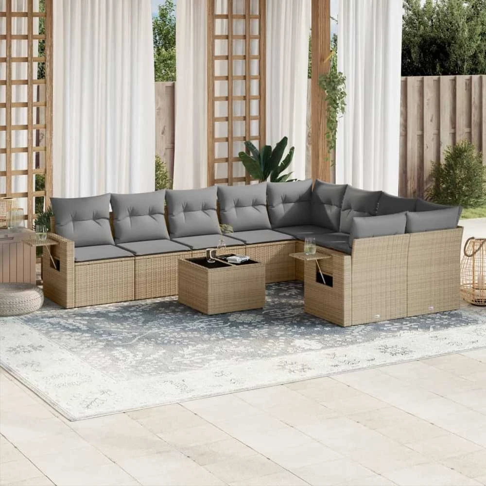 Sofa Sofos komplektas su pagalvėlėmis, 10 dalių, smėlio, poliratanas