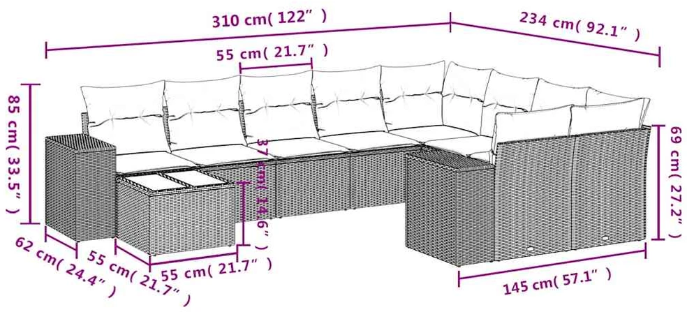 Sofa Sofos komplektas su pagalvėlėmis, 10 dalių, smėlio, poliratanas