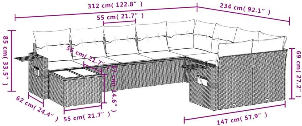 Sofa Sofos komplektas su pagalvėlėmis, 10 dalių, smėlio, poliratanas