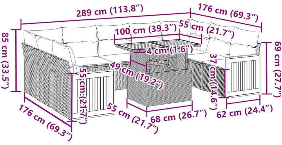 Lauko baldų komplektas Sofos komplektas su pagalvėlėmis, 10 dalių, poliratanas/akacija