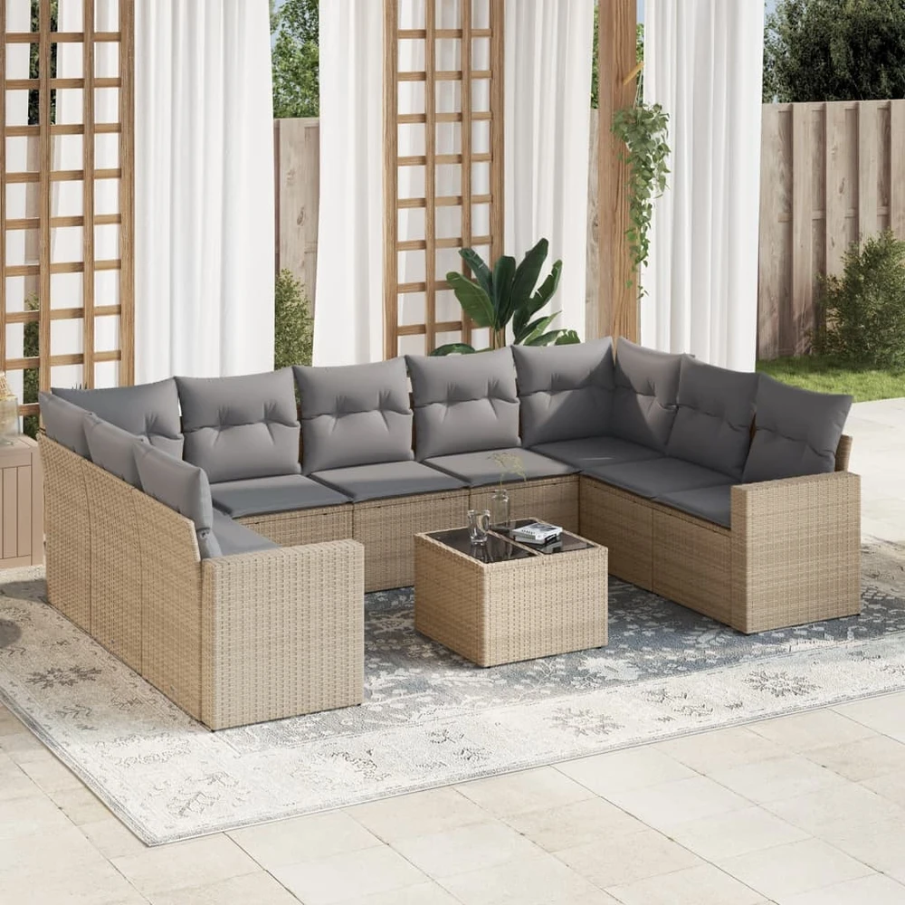 Sofa Sofos komplektas su pagalvėlėmis, 10 dalių, smėlio, poliratanas