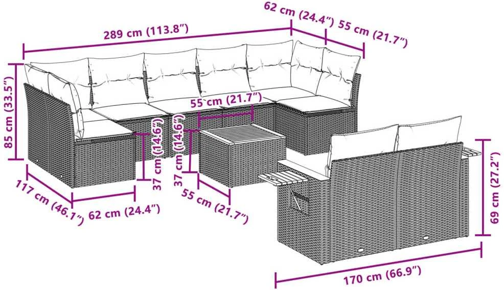 Sofa Sofos komplektas su pagalvėlėmis, 10 dalių, smėlio, poliratanas