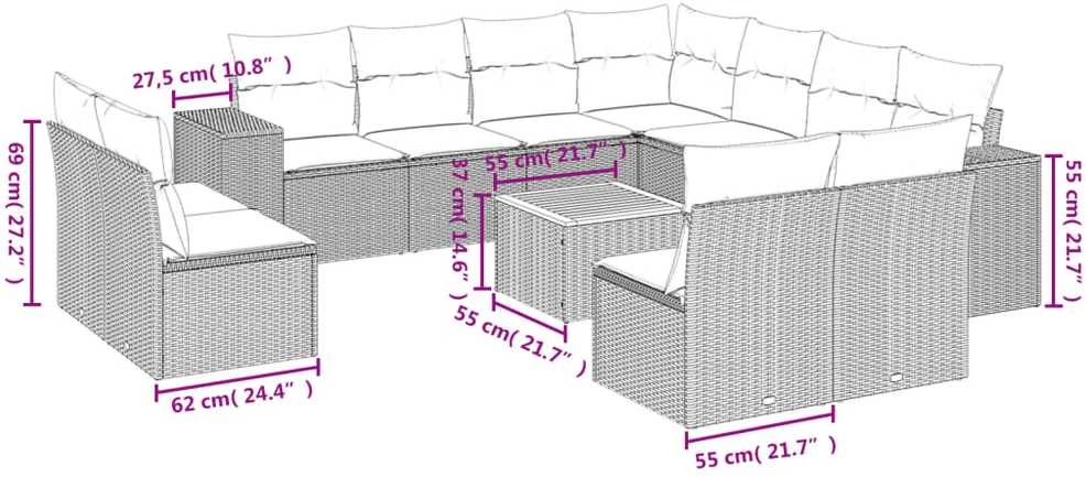 Sofa Sofos komplektas su pagalvėlėmis, 12 dalių, juodas, poliratanas