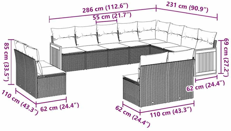 Lauko baldų komplektas Sofos komplektas su pagalvėlėmis, 12 dalių, juodas, poliratanas