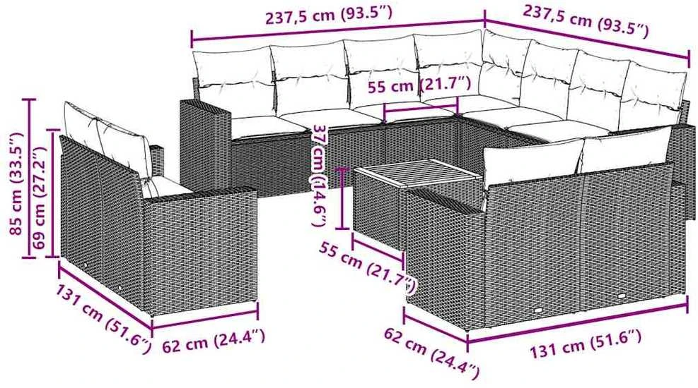 Lauko baldų komplektas Sofos komplektas su pagalvėlėmis, 12 dalių, juodas, poliratanas