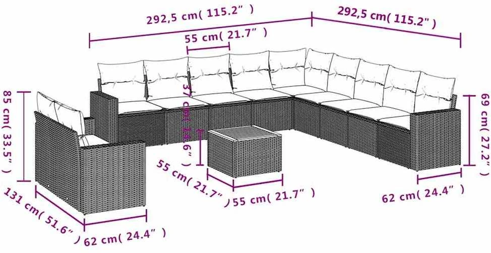 Lauko baldų komplektas Sofos komplektas su pagalvėlėmis, 12 dalių, juodas, poliratanas