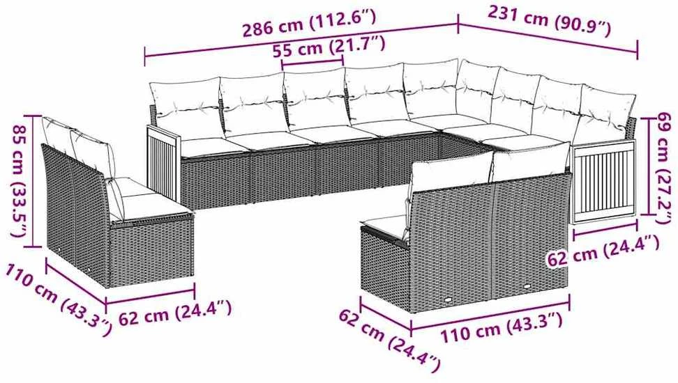 Lauko baldų komplektas Sofos komplektas su pagalvėlėmis, 12 dalių, juodas, poliratanas