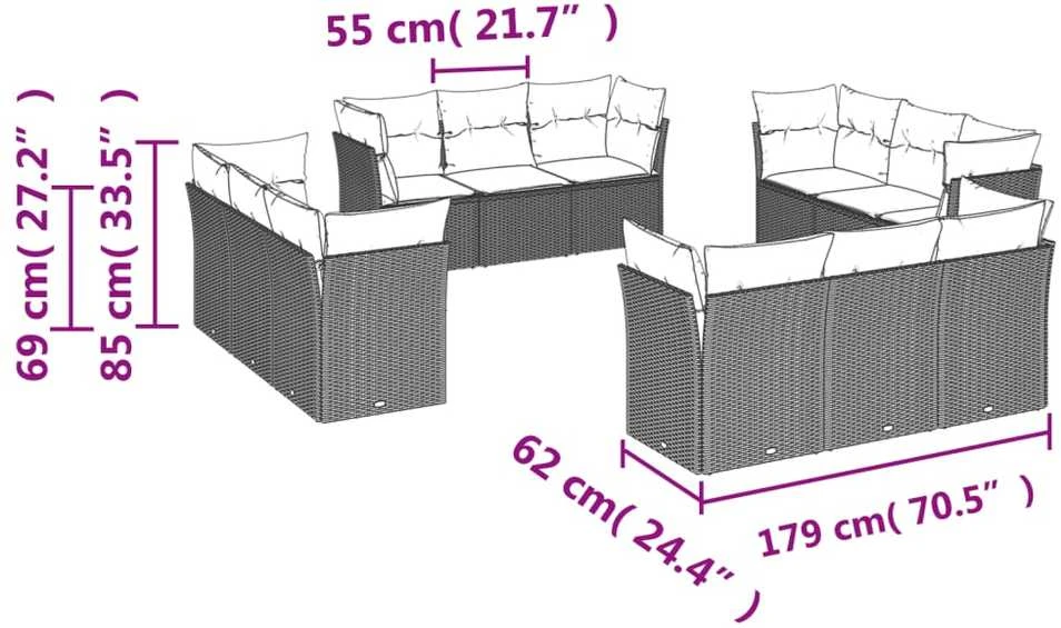 Lauko baldų komplektas Sofos komplektas su pagalvėlėmis, 12 dalių, juodas, poliratanas