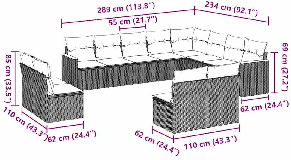 Lauko baldų komplektas Sofos komplektas su pagalvėlėmis, 12 dalių, juodas, poliratanas