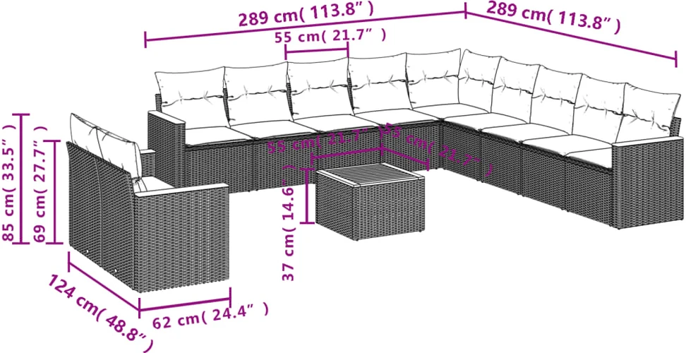 Lauko baldų komplektas Sofos komplektas su pagalvėlėmis, 12 dalių, juodas, poliratanas