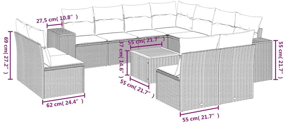 Sofa Sofos komplektas su pagalvėlėmis, 12 dalių, juodas, poliratanas