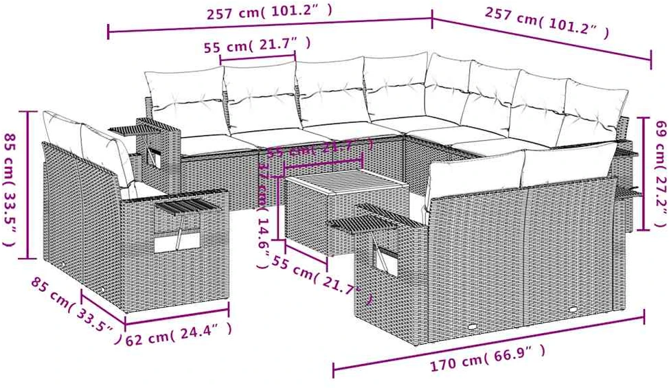 Sofa Sofos komplektas su pagalvėlėmis, 12 dalių, juodas, poliratanas