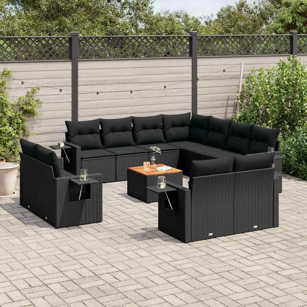 Sofa Sofos komplektas su pagalvėlėmis, 12 dalių, juodas, poliratanas
