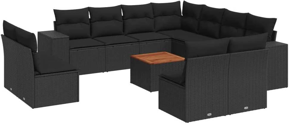 Sofa Sofos komplektas su pagalvėlėmis, 12 dalių, juodas, poliratanas