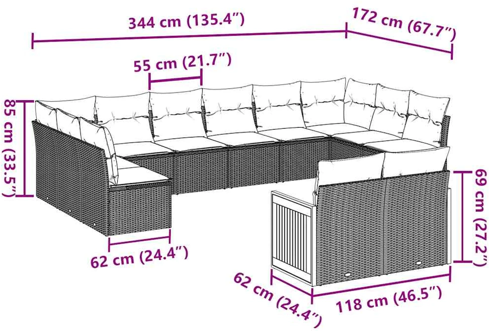 Lauko baldų komplektas Sofos komplektas su pagalvėlėmis, 12 dalių, juodas, poliratanas
