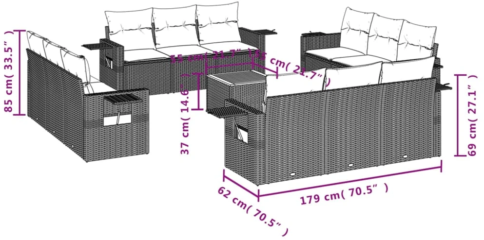 Sofa Sofos komplektas su pagalvėlėmis, 13 dalių, juodas, poliratanas