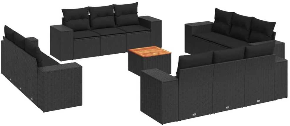 Sofa Sofos komplektas su pagalvėlėmis, 13 dalių, juodas, poliratanas