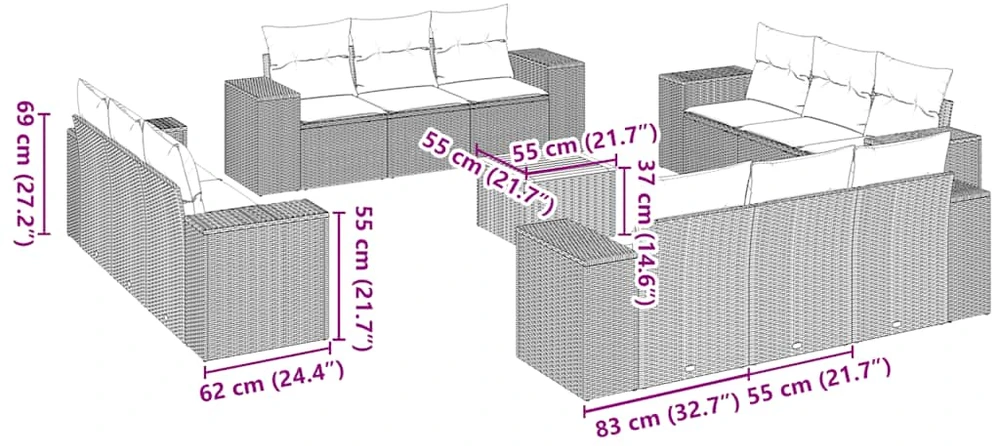 Lauko baldų komplektas Sofos komplektas su pagalvėlėmis, 13 dalių, juodas, poliratanas