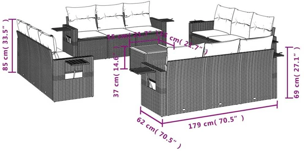 Sofa Sofos komplektas su pagalvėlėmis, 13 dalių, juodas, poliratanas