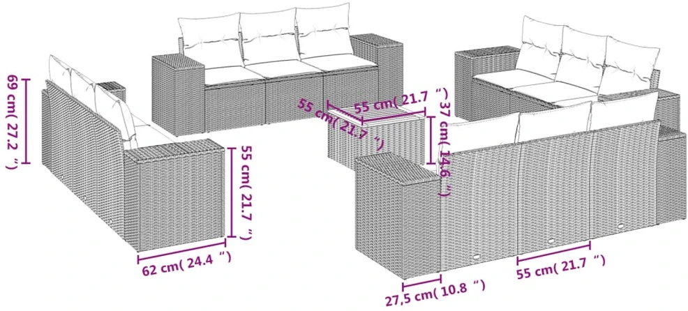 Sofa Sofos komplektas su pagalvėlėmis, 13 dalių, juodas, poliratanas