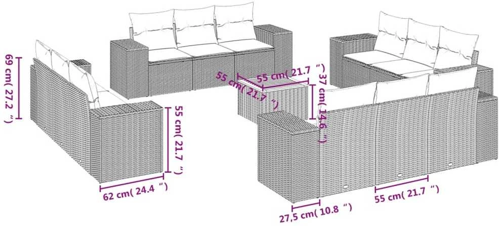Sofa Sofos komplektas su pagalvėlėmis, 13 dalių, juodas, poliratanas