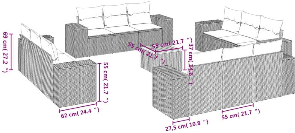 Lauko baldų komplektas Sofos komplektas su pagalvėlėmis, 13 dalių, juodas, poliratanas