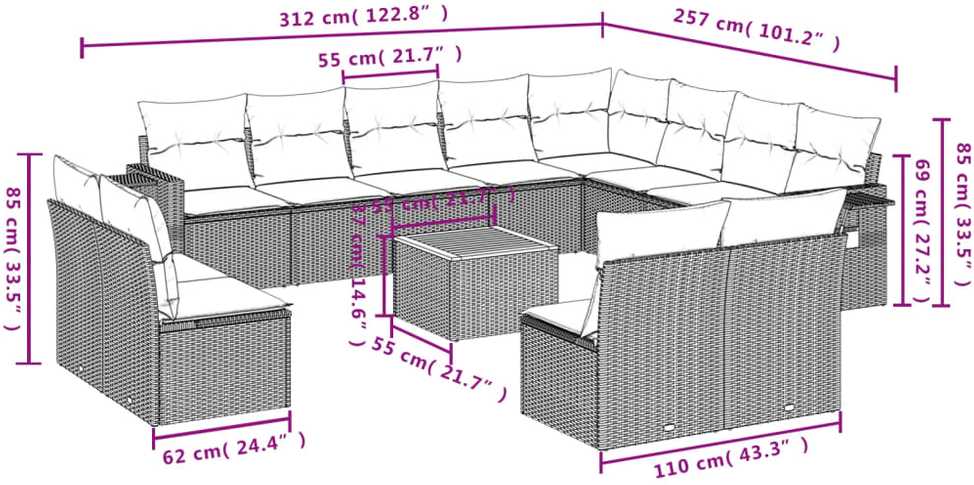 Sofa Sofos komplektas su pagalvėlėmis, 13 dalių, smėlio, poliratanas