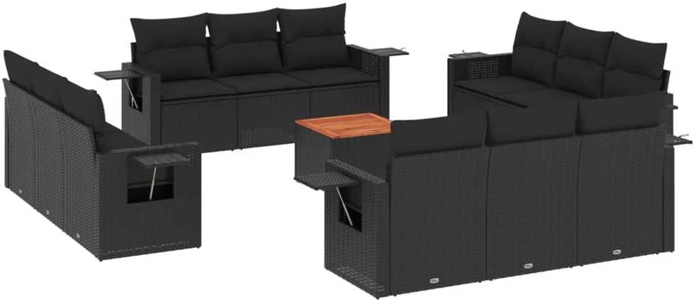 Sofa Sofos komplektas su pagalvėlėmis, 13 dalių, juodas, poliratanas