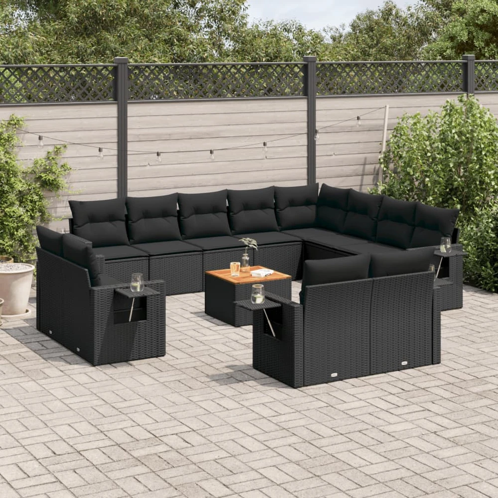 Sofa Sofos komplektas su pagalvėlėmis, 13 dalių, juodas, poliratanas