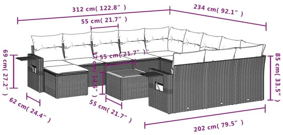 Sofa Sofos komplektas su pagalvėlėmis, 13 dalių, smėlio, poliratanas